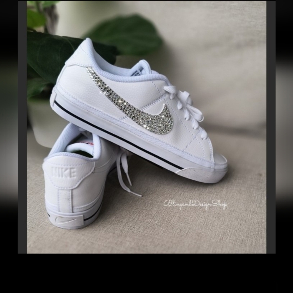 Bling Nike Women's Court Legacy White Sneakers Shoes Customized with Crystals - Picture 2 of 6